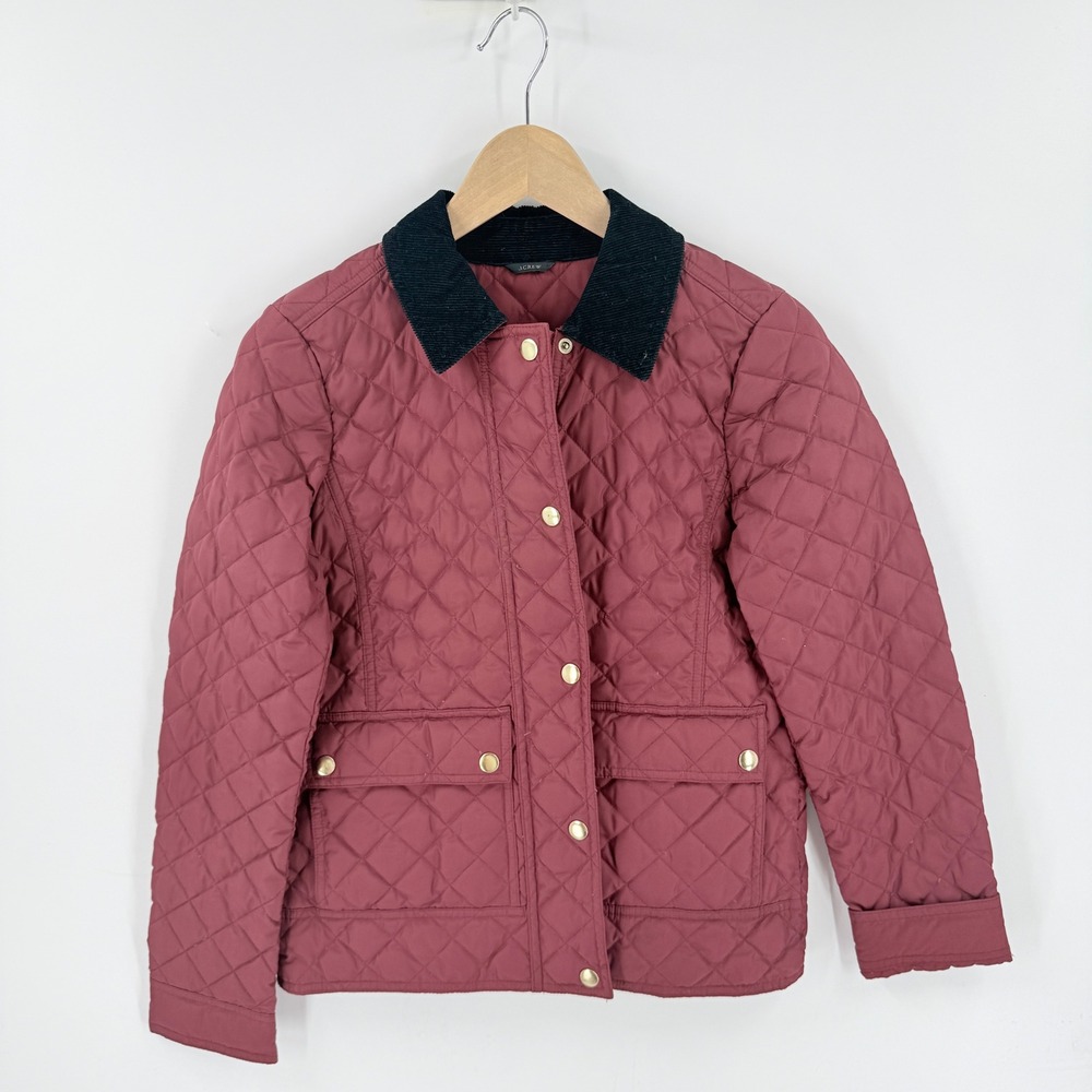 J. Crew Quilted Down Puffer Jacket Burgundy XS Corduroy Collar Barn Coat Chore
